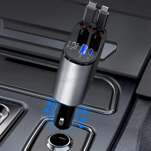 120W 4in1 Retractable Car Charger – Fast Charging USB & Type-C Adapter for Smartphones & Devices