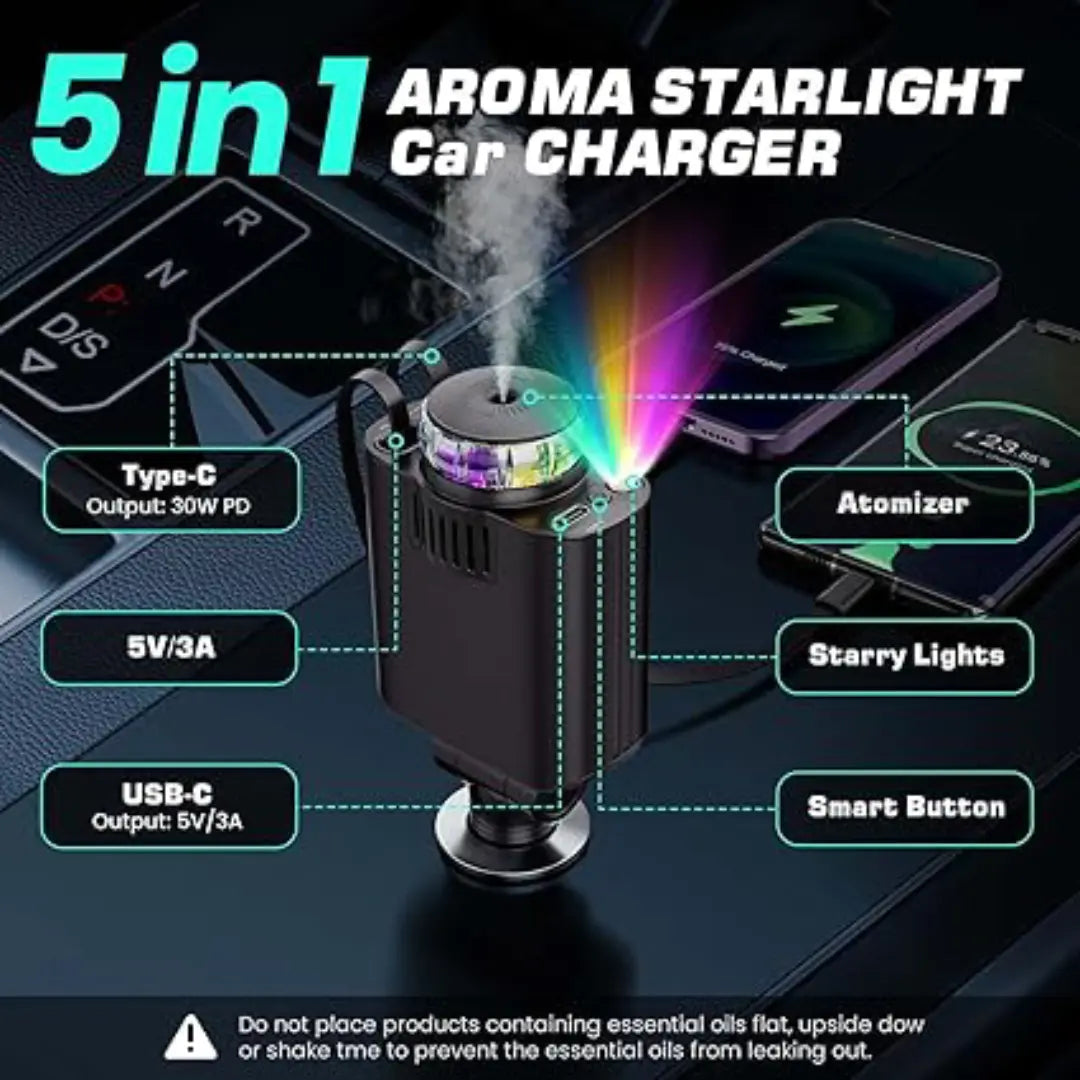 5-in-1 Retractable Star Light Car Charger – Type-C PD 3.0 Fast Charging, Built-in Perfume & LED Ambient Light