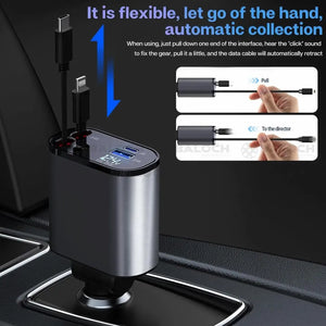 120W 4in1 Retractable Car Charger – Fast Charging USB & Type-C Adapter for Smartphones & Devices