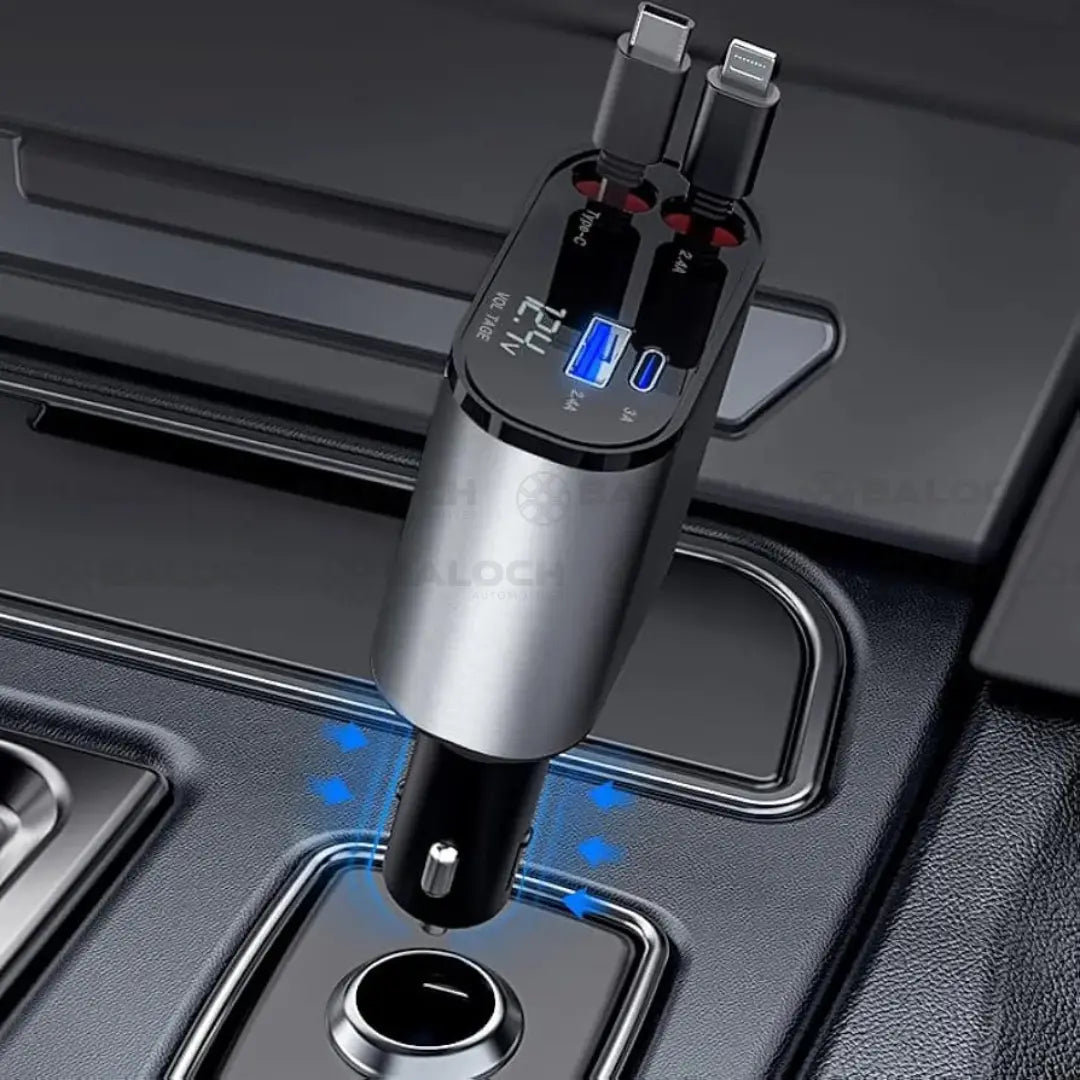 120W 4in1 Retractable Car Charger – Fast Charging USB & Type-C Adapter for Smartphones & Devices