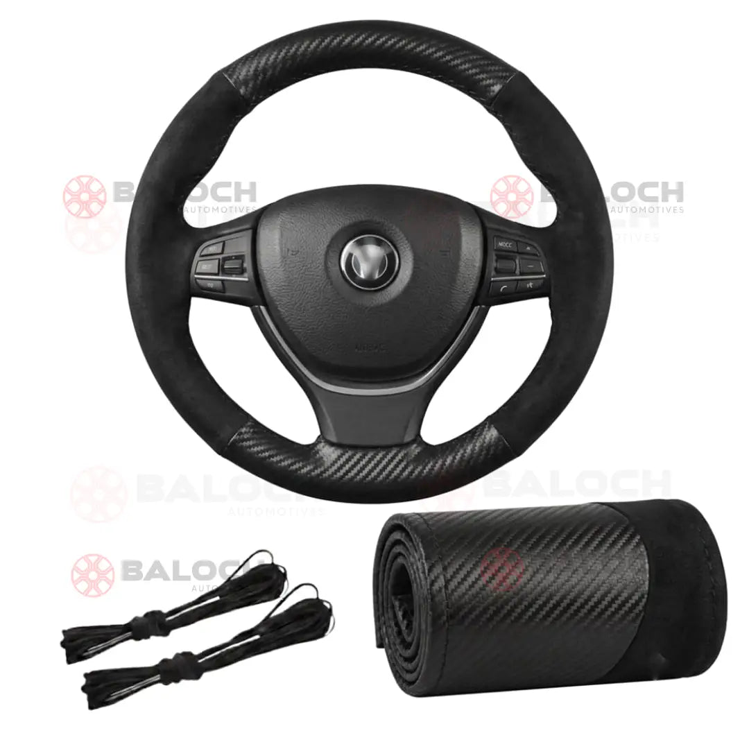 Universal Carbon Fiber & Suede Hand Stitch Steering Wheel Cover