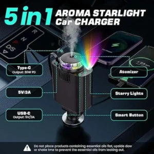 5-in-1 Retractable Star Light Car Charger – Type-C PD 3.0 Fast Charging, Built-in Perfume & LED Ambient Light