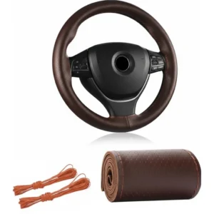 Brown Stitching Steering Wheel Cover – DIY Hand-Stitched Leather Steering Cover for Cars