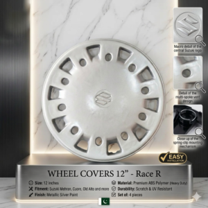 Race R Wheel Cover 12' Inch – Silver Car Wheel Cover / Hub Cap Set (4 Pcs)