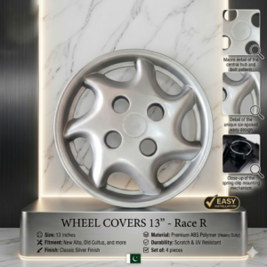 Race R Wheel Cover 13' Inch – Silver Car Wheel Cover / Hub Cap Set (4 Pcs)