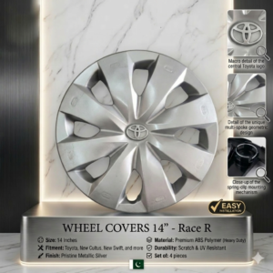 Race R Wheel Cover 14' Inch – Silver Car Wheel Cover / Hub Cap Set (4 Pcs)